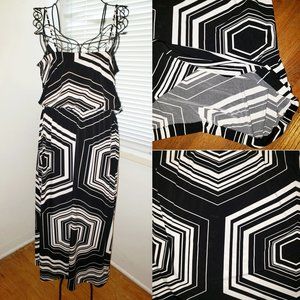 Vintage y2k Opart Geometric BW Stretch Fit & Flair POCKETS Spaghetti Straps L